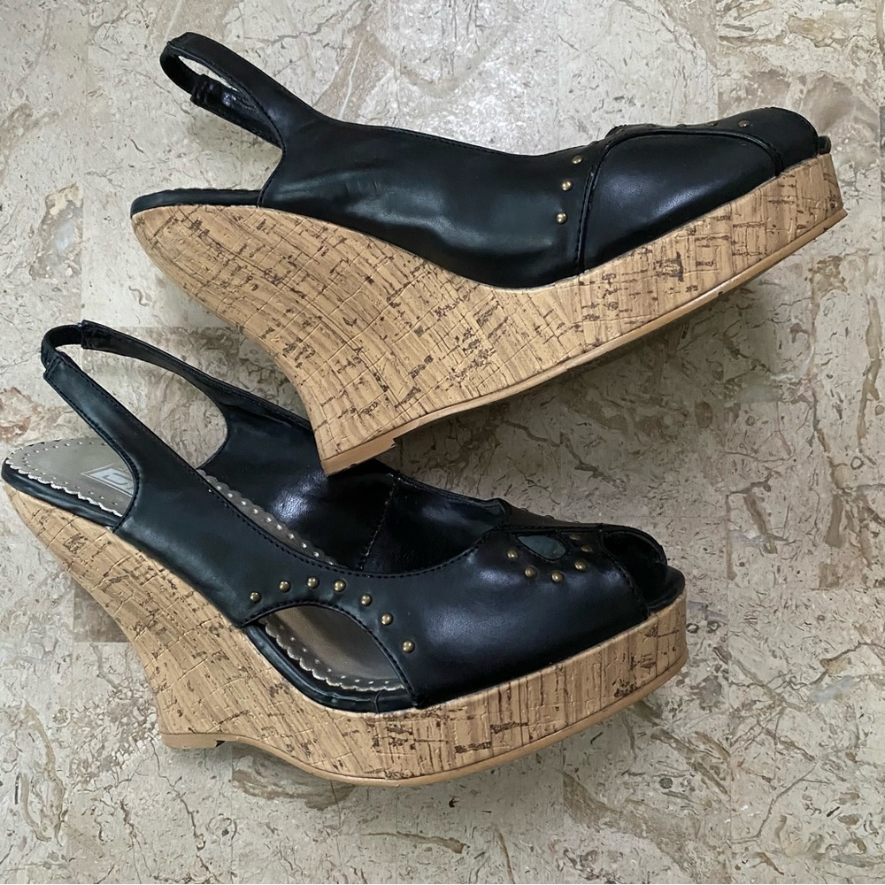 Black Faux Leather SlingBack Platform Wedge Open Toe Sandal City Snappers Size 6